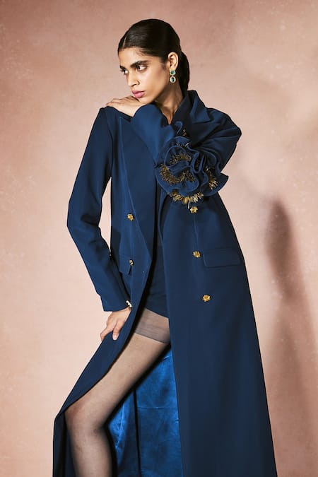 Buy_Nirmooha_Navy Georgette, Microfiber Embroidery Midnight Blue Trench Coat And Shorts Set _Online_at_Aza_Fashions