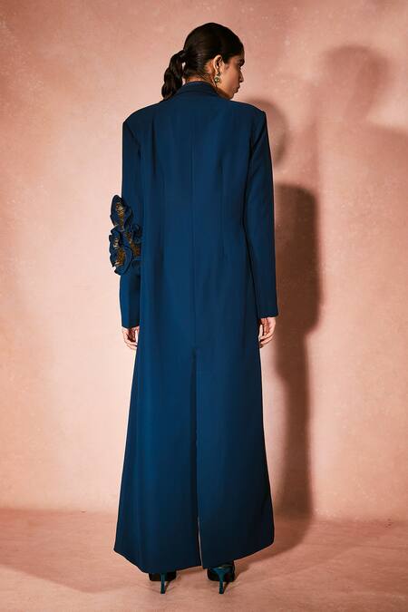 Nirmooha Midnight Blue Trench Coat & Shorts Set 