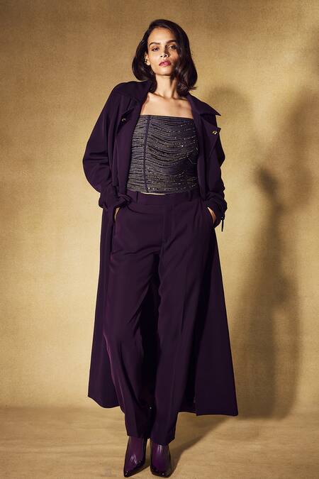 Nirmooha_Purple Crepe Embroidery, Beads Bandeau Neck Eclipse Trench Coat Pant Set _Online_at_Aza_Fashions