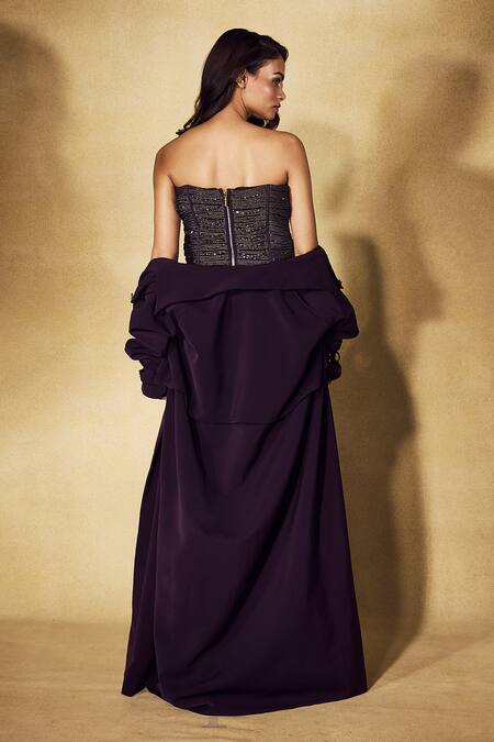 Shop_Nirmooha_Purple Crepe Embroidery, Beads Bandeau Neck Eclipse Trench Coat Pant Set _Online_at_Aza_Fashions
