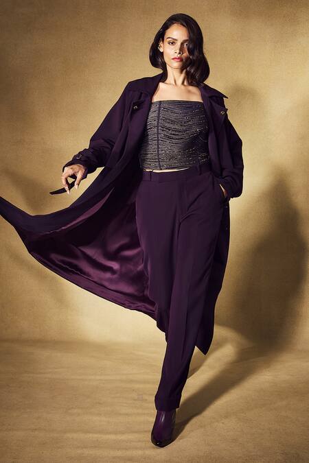 Nirmooha_Purple Crepe Embroidery, Beads Bandeau Neck Eclipse Trench Coat Pant Set _at_Aza_Fashions