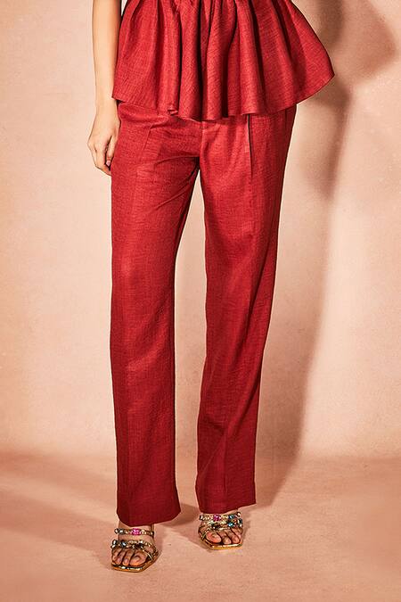 Nirmooha_Red Linen Boat Neck Flame Orange Peplum Top And Pant Set _Online_at_Aza_Fashions
