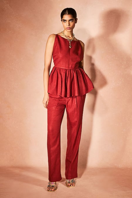 Buy_Nirmooha_Red Linen Boat Neck Flame Orange Peplum Top And Pant Set _Online_at_Aza_Fashions