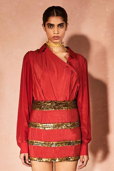 Nirmooha_Red Crepe Sequins, Metallic Thread Golden Flame Shirt And Embellished Skirt Set _Online_at_Aza_Fashions