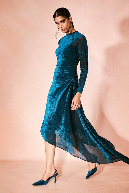 Nirmooha_Blue Velvet, Mesh, Crepe Round Neck Midnight Draped Dress _Online_at_Aza_Fashions