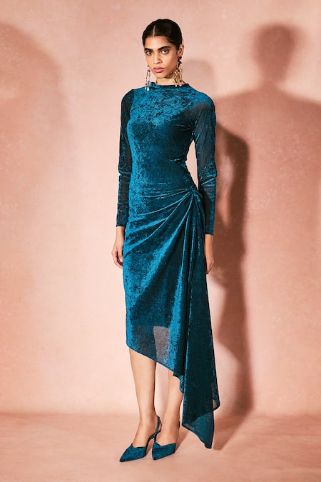 Nirmooha Blue Velvet, Mesh, Crepe Round Neck Midnight Draped Dress 
