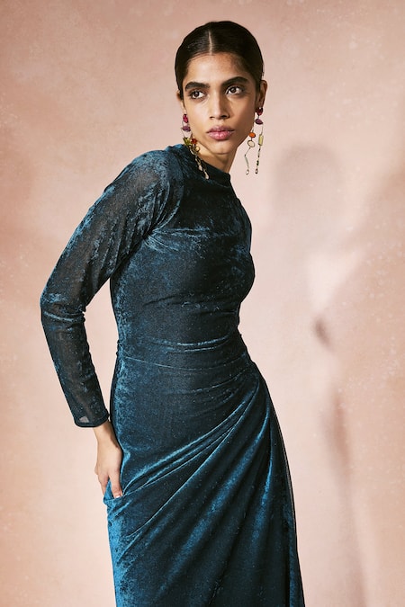 Buy_Nirmooha_Blue Velvet, Mesh, Crepe Round Neck Midnight Draped Dress _Online_at_Aza_Fashions