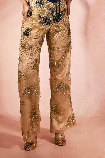 Nirmooha_Blue Microfiber, Tulle Embroidery, Sequins, Midnight Top And Contrast Pant Set _Online_at_Aza_Fashions