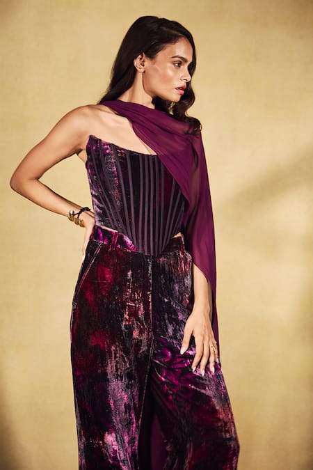 Nirmooha_Purple Velvet Asymmetric, One Shoulder Plum Flared Cape Pant Set _Online_at_Aza_Fashions