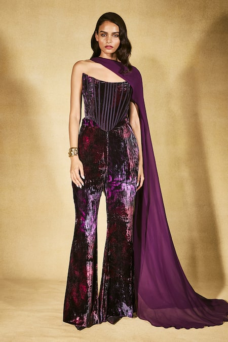 Nirmooha Purple Velvet Asymmetric, One Shoulder Plum Flared Cape Pant Set 