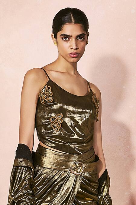 Nirmooha_Gold Embroidery Collared, Scoop Neck Metallic Shirt And Skirt Set _Online_at_Aza_Fashions