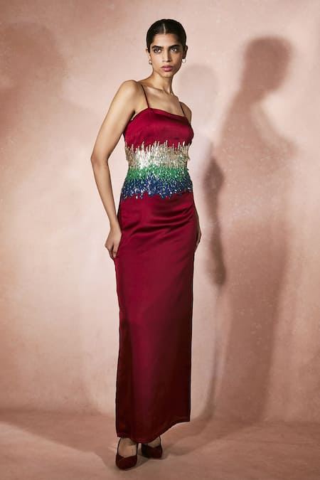 Nirmooha Red Satin Sequins Square Neck Crimson Slip Dress 