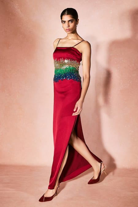 Nirmooha_Red Satin Sequins Square Neck Crimson Slip Dress _Online_at_Aza_Fashions