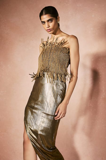 Shop_Nirmooha_Gold Bandeau Neck Metallic Muse Dress _Online_at_Aza_Fashions
