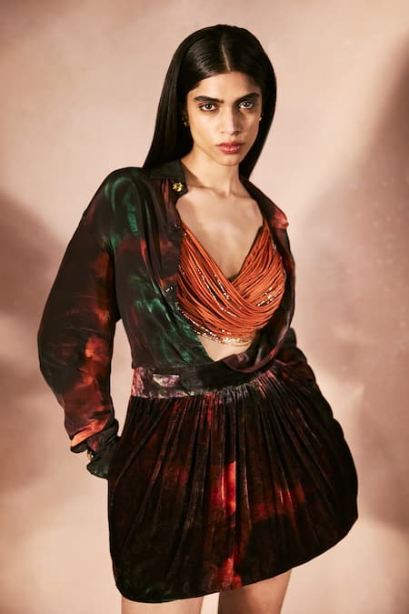 Nirmooha_Purple Crepe, Velvet Beads, Embroidery Collared Aurora Flame Set _at_Aza_Fashions