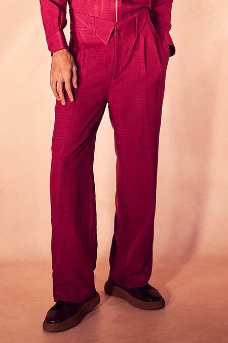 Nirmooha_Red Linen Crimson Ritual Shacket And Pant Set _Online_at_Aza_Fashions