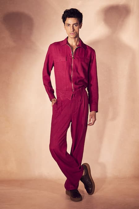 Nirmooha Red Linen Crimson Ritual Shacket And Pant Set 