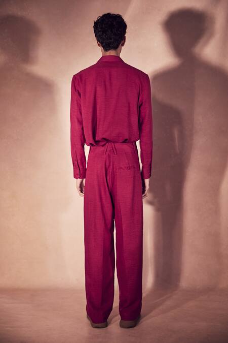 Buy_Nirmooha_Red Linen Crimson Ritual Shacket And Pant Set _Online_at_Aza_Fashions