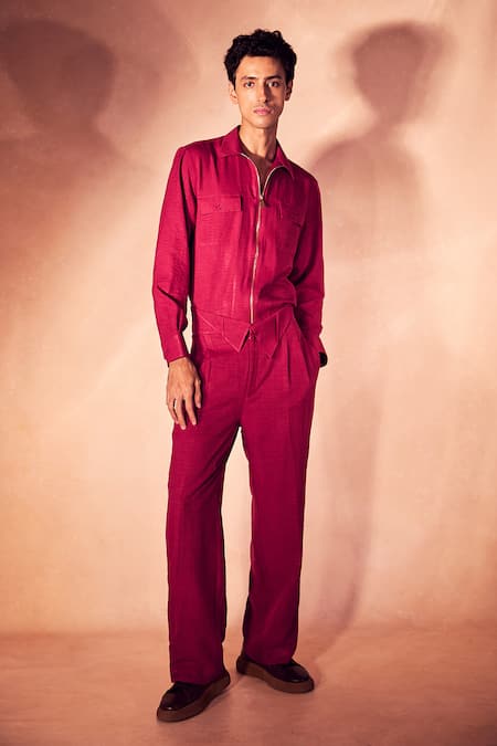 Shop_Nirmooha_Red Linen Crimson Ritual Shacket And Pant Set _Online_at_Aza_Fashions