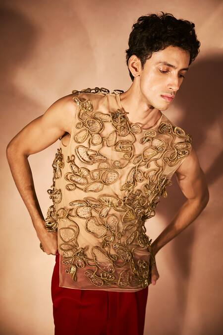 Nirmooha_Beige Tulle, Microfiber Embroidery Eternal Flame Tank Top With Pant _Online_at_Aza_Fashions