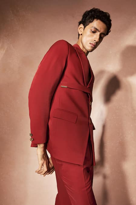 Nirmooha_Red Microfiber Ceremonial Flame Blazer With Pant _Online_at_Aza_Fashions