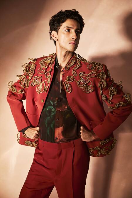 Nirmooha_Red Microfiber Embroidery, Zari Firewalk Blazer With Pant _Online_at_Aza_Fashions