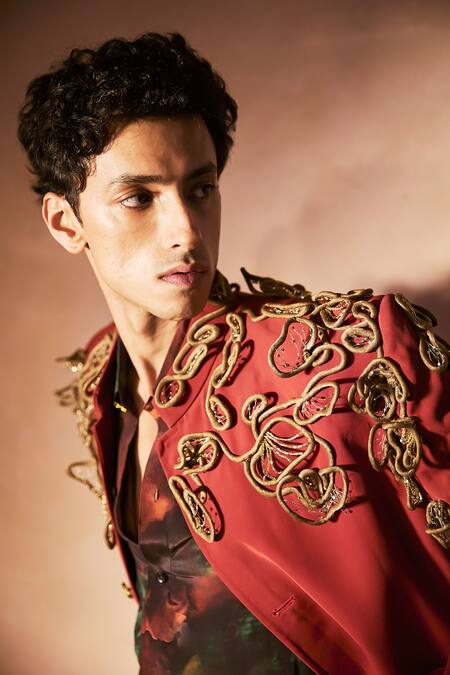 Buy_Nirmooha_Red Microfiber Embroidery, Zari Firewalk Blazer With Pant _Online_at_Aza_Fashions