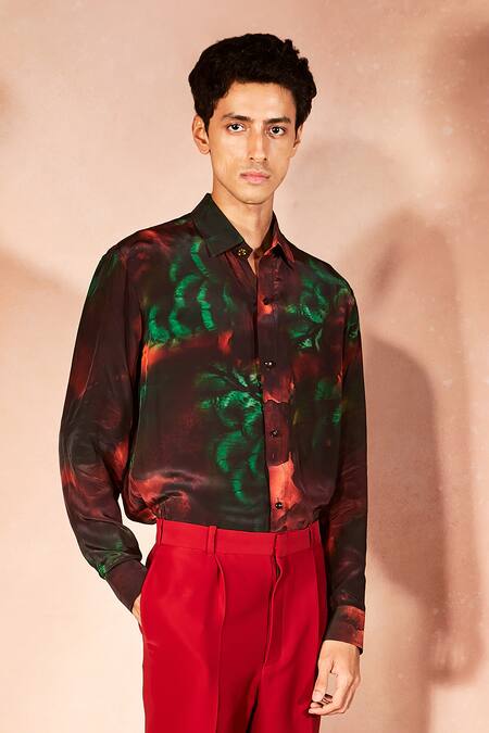 Nirmooha_Orange Crepe, Microfiber Ignite Pattern Shirt With Pant _Online_at_Aza_Fashions