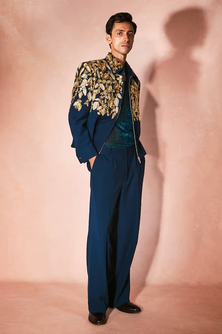 Nirmooha_Blue Velvet Embroidery Midnight Majesty Jacket And Pant Set _Online_at_Aza_Fashions