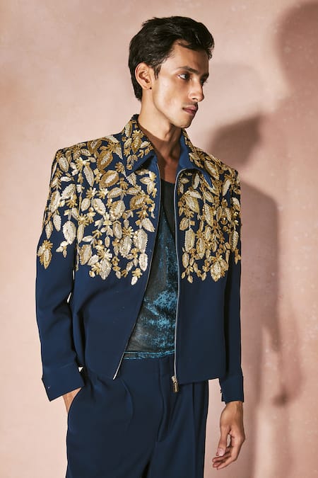 Buy_Nirmooha_Blue Velvet Embroidery Midnight Majesty Jacket And Pant Set _Online_at_Aza_Fashions