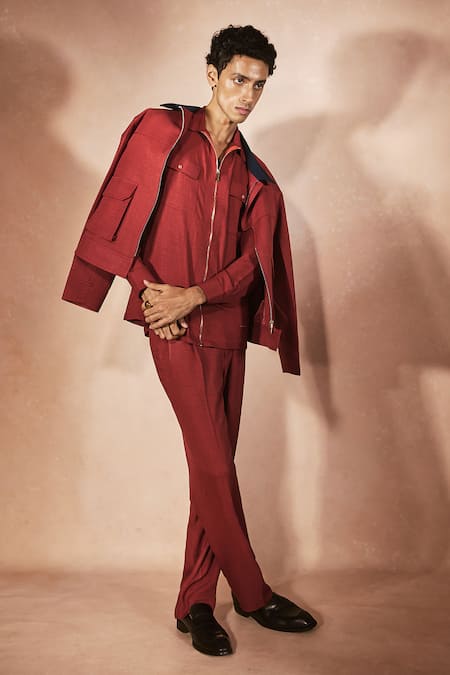 Nirmooha_Red Linen Flame Orange Utility Co-ord Set _Online_at_Aza_Fashions