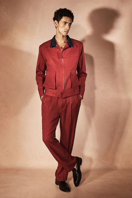 Buy_Nirmooha_Red Linen Flame Orange Utility Co-ord Set _Online_at_Aza_Fashions