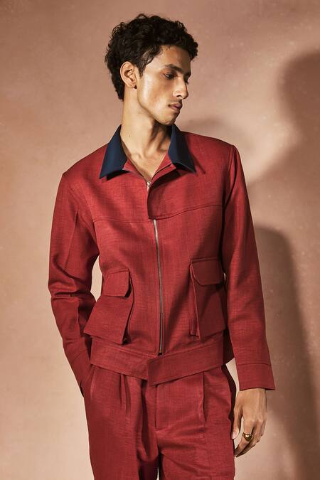 Shop_Nirmooha_Red Linen Flame Orange Utility Co-ord Set _Online_at_Aza_Fashions