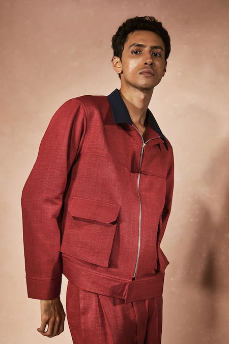 Nirmooha_Red Linen Flame Orange Utility Co-ord Set _at_Aza_Fashions