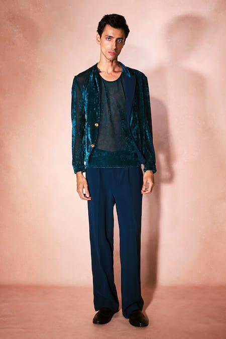 Nirmooha_Teal Velvet Celestial Midnight Jacket And Pant Set _Online_at_Aza_Fashions