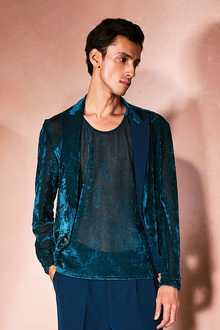 Shop_Nirmooha_Teal Velvet Celestial Midnight Jacket And Pant Set _Online_at_Aza_Fashions