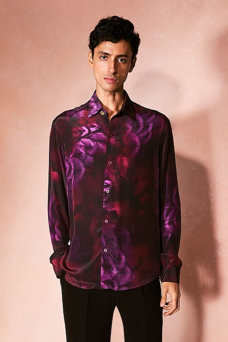 Buy_Nirmooha_Purple Crepe, Microfiber Plum Abstract Pattern Shirt And Pant Set _Online_at_Aza_Fashions