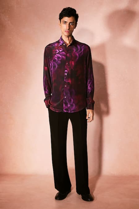 Nirmooha Purple Crepe, Microfiber Plum Abstract Pattern Shirt And Pant Set 