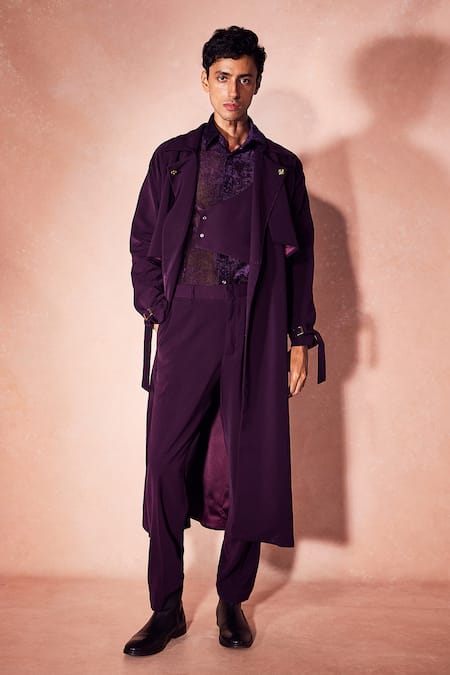 Nirmooha_Purple Microfiber, Velvet Plum Long Trench Coat And Pant Set _Online_at_Aza_Fashions