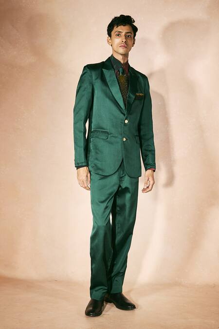 Nirmooha_Green Satin, Crepe Emerald Flame Blazer And Pant Set _Online_at_Aza_Fashions