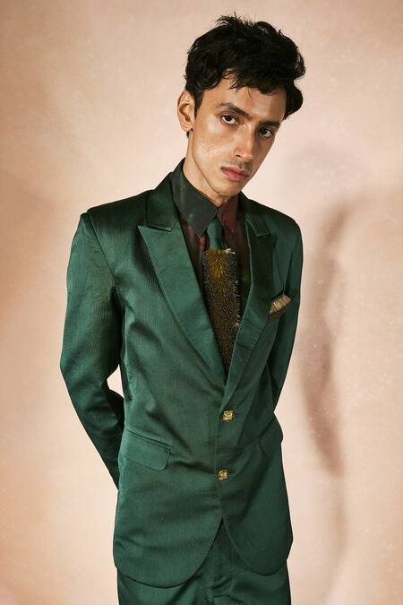 Buy_Nirmooha_Green Satin, Crepe Emerald Flame Blazer And Pant Set _Online_at_Aza_Fashions
