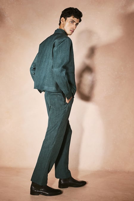 Nirmooha_Green Linen Teal Authority Jacket And Pant Set _Online_at_Aza_Fashions