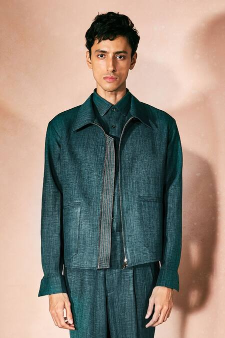 Buy_Nirmooha_Green Linen Teal Authority Jacket And Pant Set _Online_at_Aza_Fashions