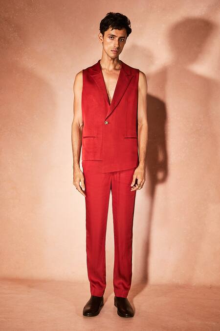 Nirmooha_Red Modal, Satin Flame Vest Set _Online_at_Aza_Fashions