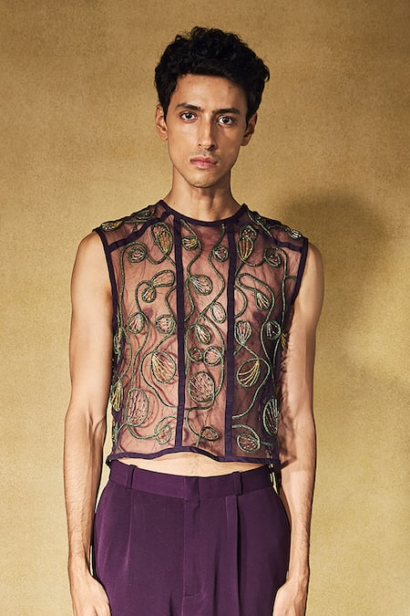 Buy_Nirmooha_Purple Tulle Embroidery Plum Enchant Tank Top And Pant Set _Online_at_Aza_Fashions