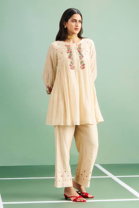 Purple Patch_Beige Chanderi Silk, Shantoon Embroidery Round Neck Chamomile Tunic Set _Online_at_Aza_Fashions