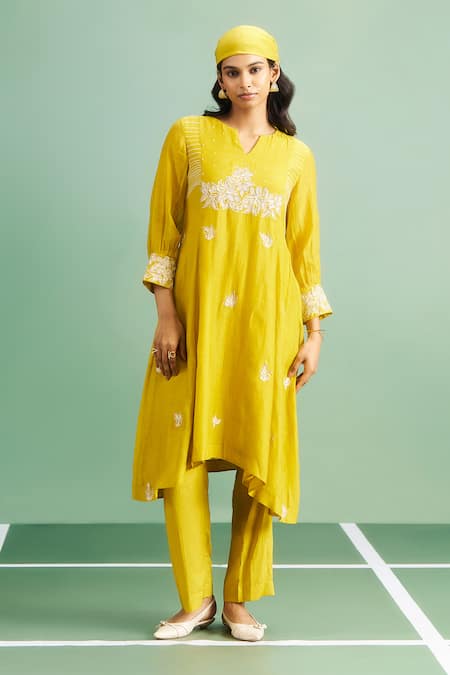 Purple Patch_Mustard Silk, Cotton, Silk, Embroidery Marigold Kurta Set _Online_at_Aza_Fashions