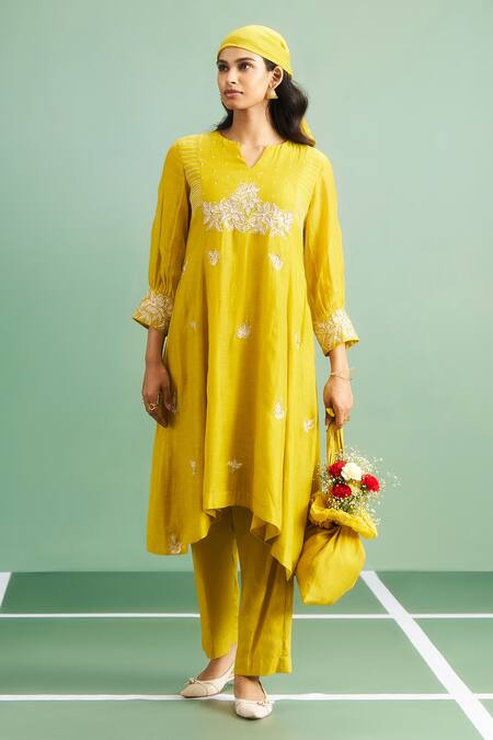 Buy_Purple Patch_Mustard Silk, Cotton, Silk, Embroidery Marigold Kurta Set _Online_at_Aza_Fashions