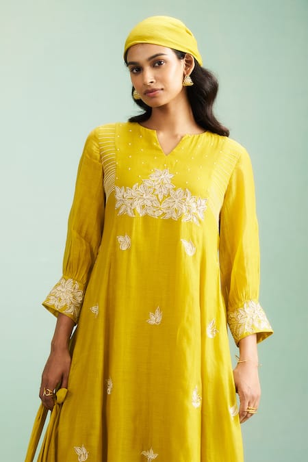 Purple Patch_Mustard Silk, Cotton, Silk, Embroidery Marigold Kurta Set _at_Aza_Fashions