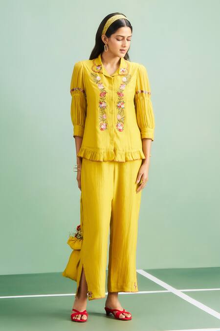Purple Patch_Mustard Chanderi , Shantoon, Embroidery Daffodil Shirt And Pant Set _Online_at_Aza_Fashions